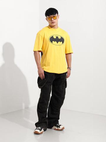 Men's Yellow Boxy Fit Character Batman Printed Crew Neck T-Shirt
