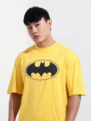 Men's Yellow Boxy Fit Character Batman Printed Crew Neck T-Shirt