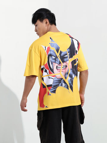 Men's Yellow Boxy Fit Character Batman Printed Crew Neck T-Shirt