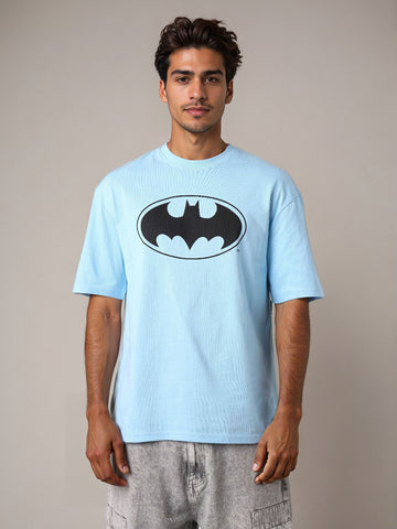 Men's Blue Boxy Fit Character Batman Printed Crew Neck T-Shirt