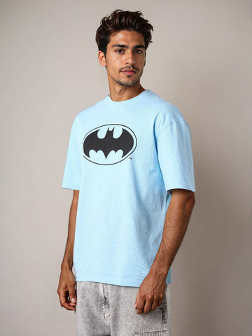 Men's Blue Boxy Fit Character Batman Printed Crew Neck T-Shirt