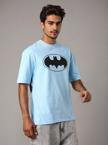 Men's Blue Boxy Fit Character Batman Printed Crew Neck T-Shirt