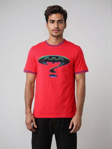 Men's Pink Slim Fit Character Batman Printed Crew Neck T-Shirt