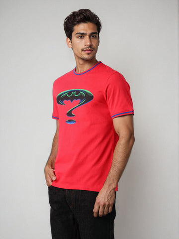 Men's Pink Slim Fit Character Batman Printed Crew Neck T-Shirt