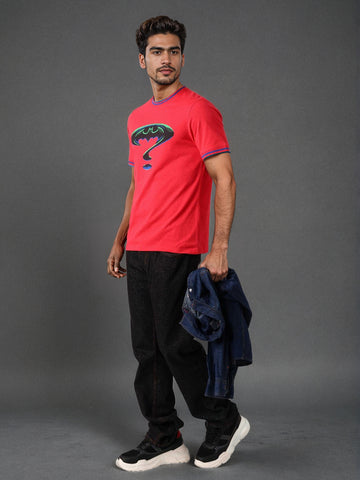 Men's Pink Slim Fit Character Batman Printed Crew Neck T-Shirt