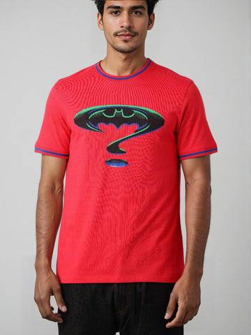 Men's Pink Slim Fit Character Batman Printed Crew Neck T-Shirt