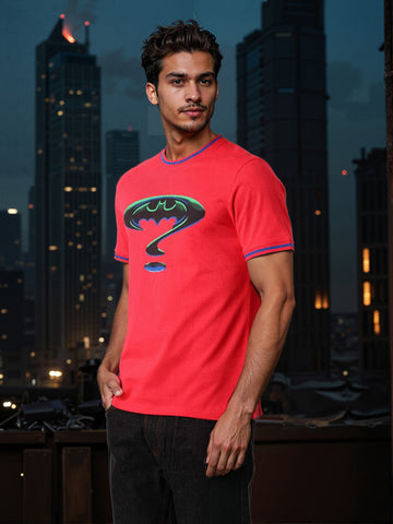 Men's Pink Slim Fit Character Batman Printed Crew Neck T-Shirt