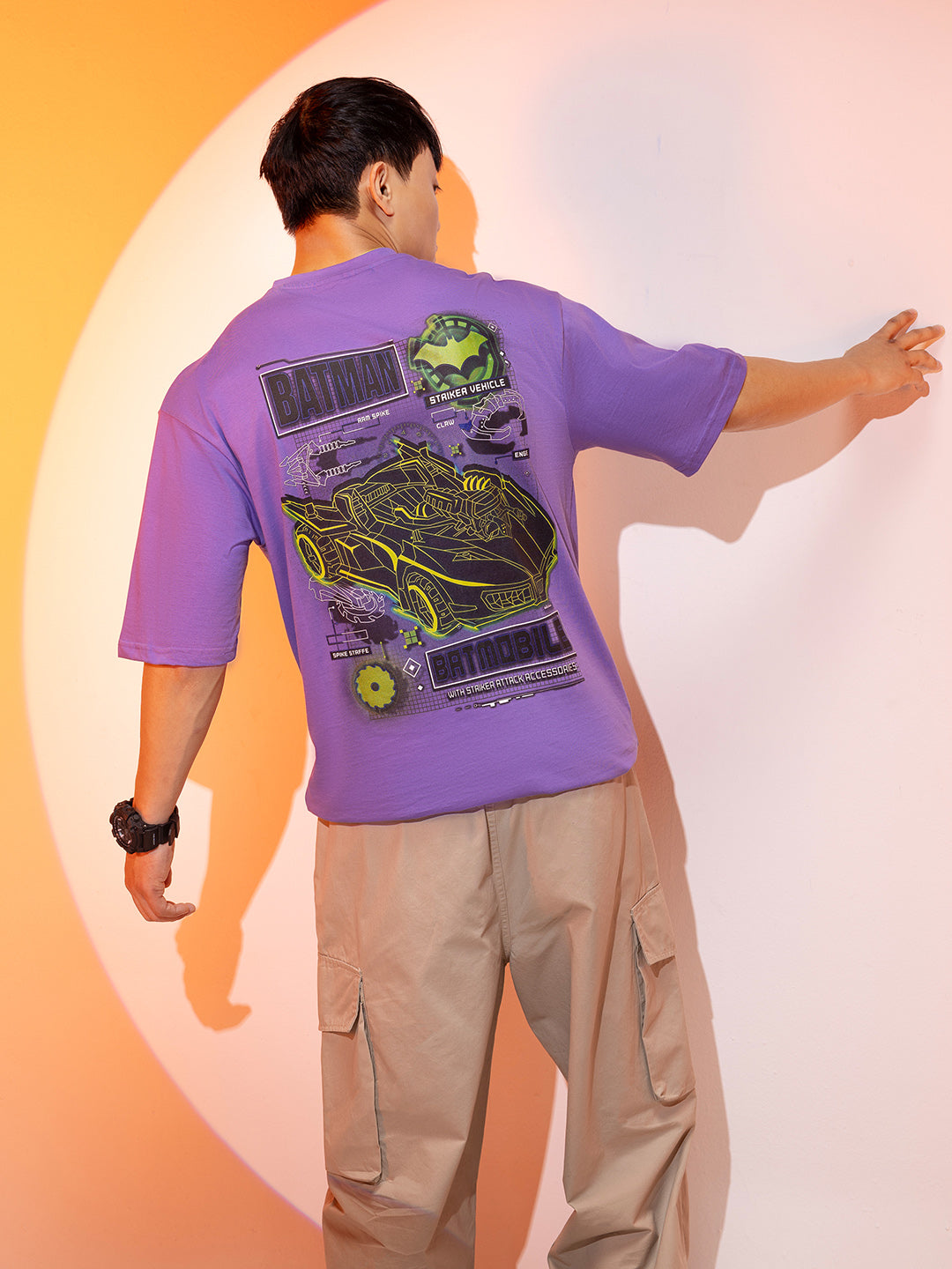 Men's Purple Boxy Fit Character Batman Printed Crew Neck T-Shirt