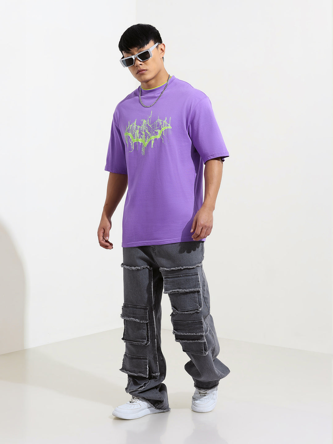 Men's Purple Boxy Fit Character Batman Printed Crew Neck T-Shirt