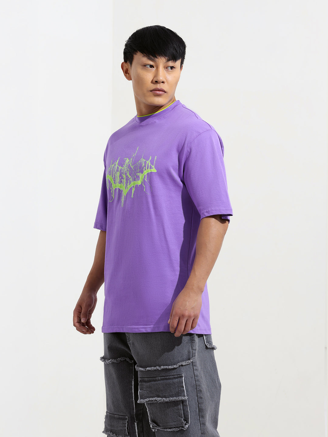 Men's Purple Boxy Fit Character Batman Printed Crew Neck T-Shirt