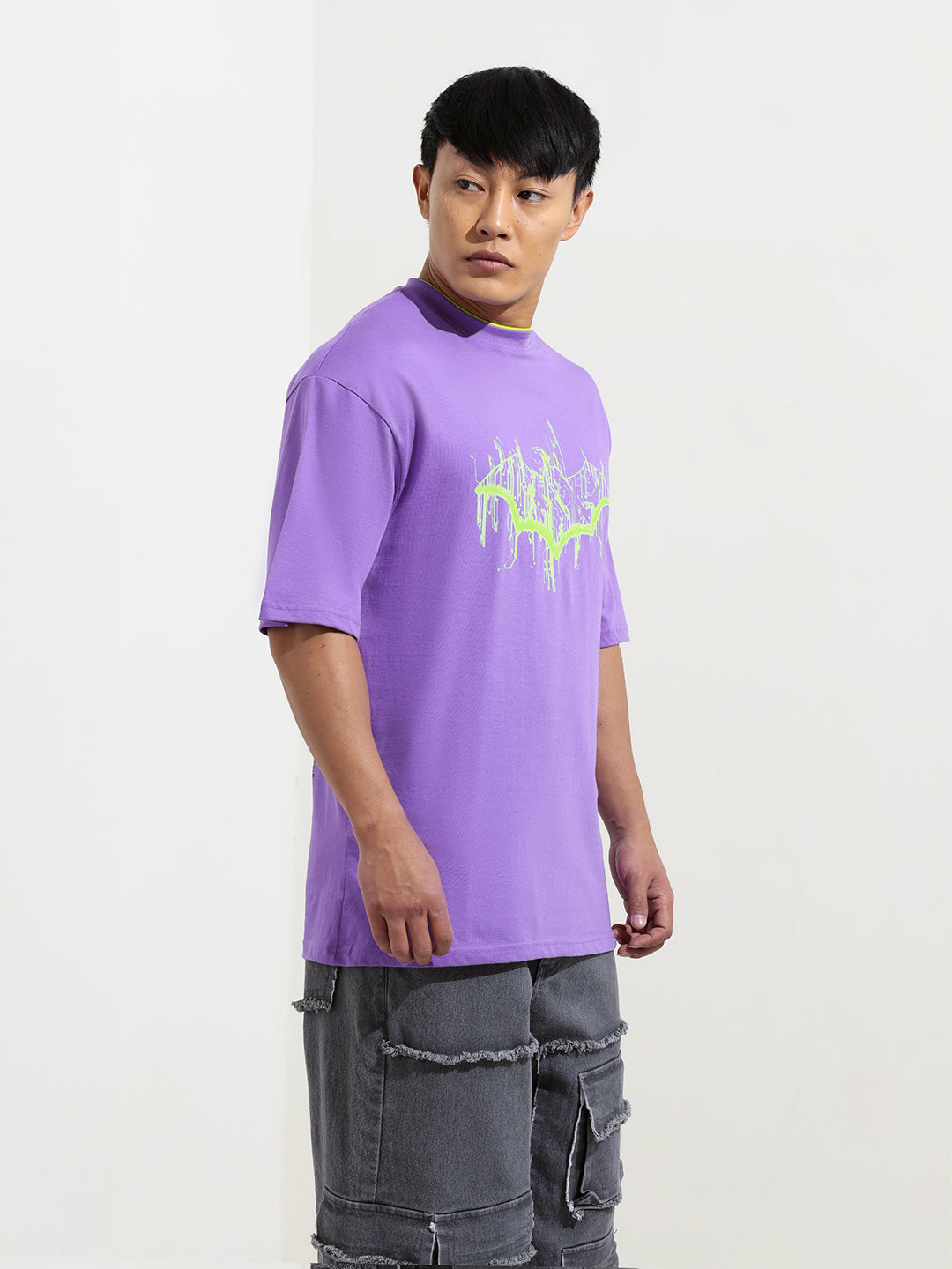 Men's Purple Boxy Fit Character Batman Printed Crew Neck T-Shirt