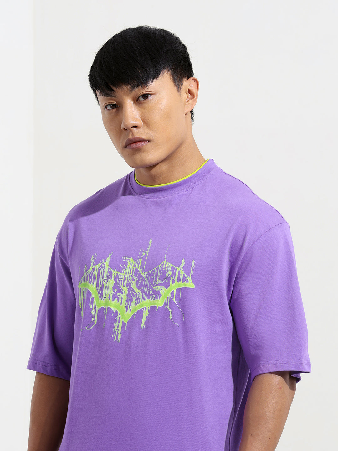 Men's Purple Boxy Fit Character Batman Printed Crew Neck T-Shirt