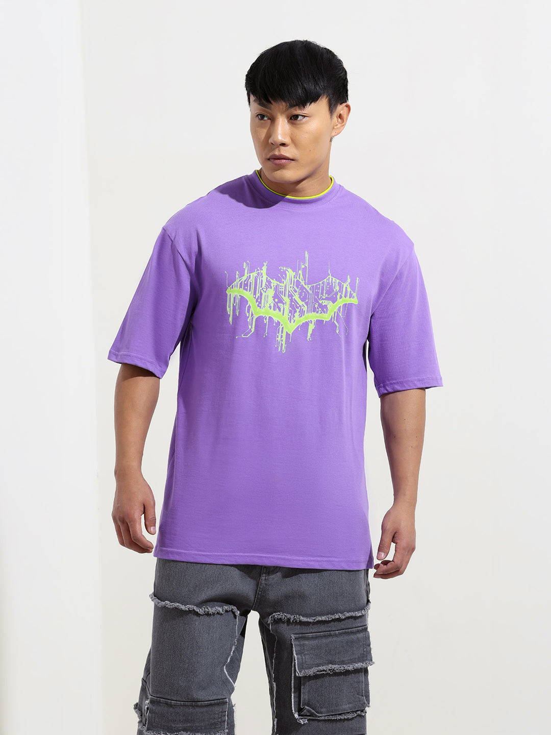 Men's Purple Boxy Fit Character Batman Printed Crew Neck T-Shirt