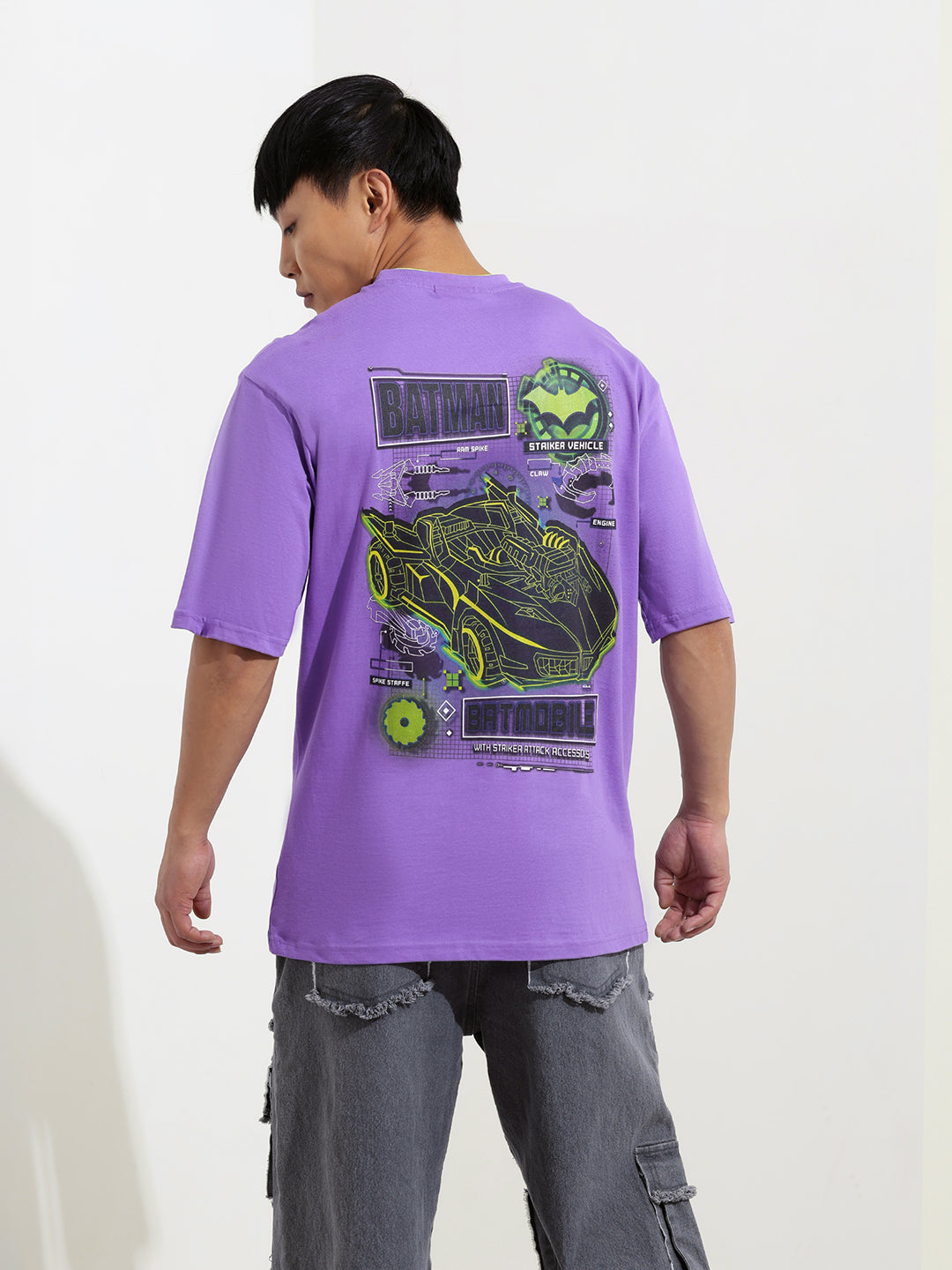 Men's Purple Boxy Fit Character Batman Printed Crew Neck T-Shirt