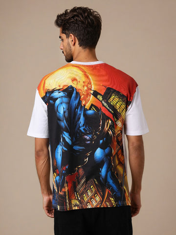 Men's White Boxy Fit Character Batman Printed Crew Neck T-Shirt