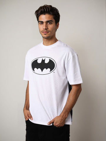Men's White Boxy Fit Character Batman Printed Crew Neck T-Shirt