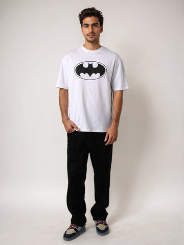 Men's White Boxy Fit Character Batman Printed Crew Neck T-Shirt