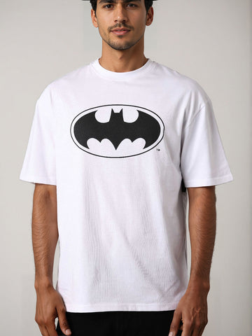 Men's White Boxy Fit Character Batman Printed Crew Neck T-Shirt