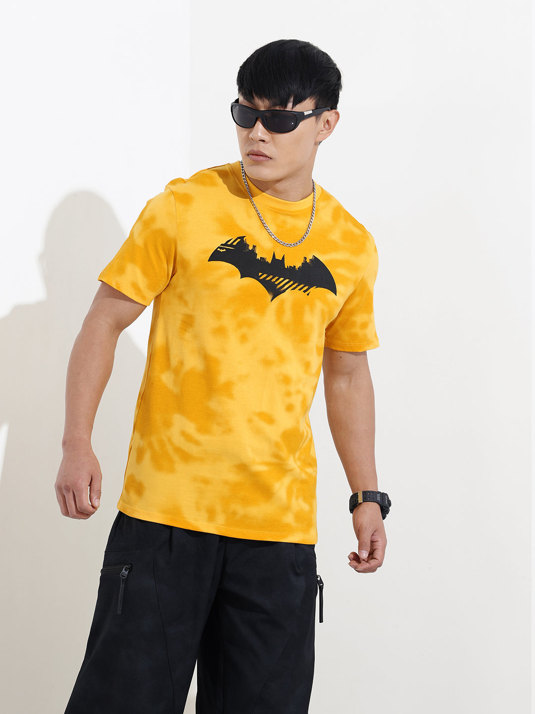 Men's Yellow Slim Fit Character Batman Printed Crew Neck T-Shirt