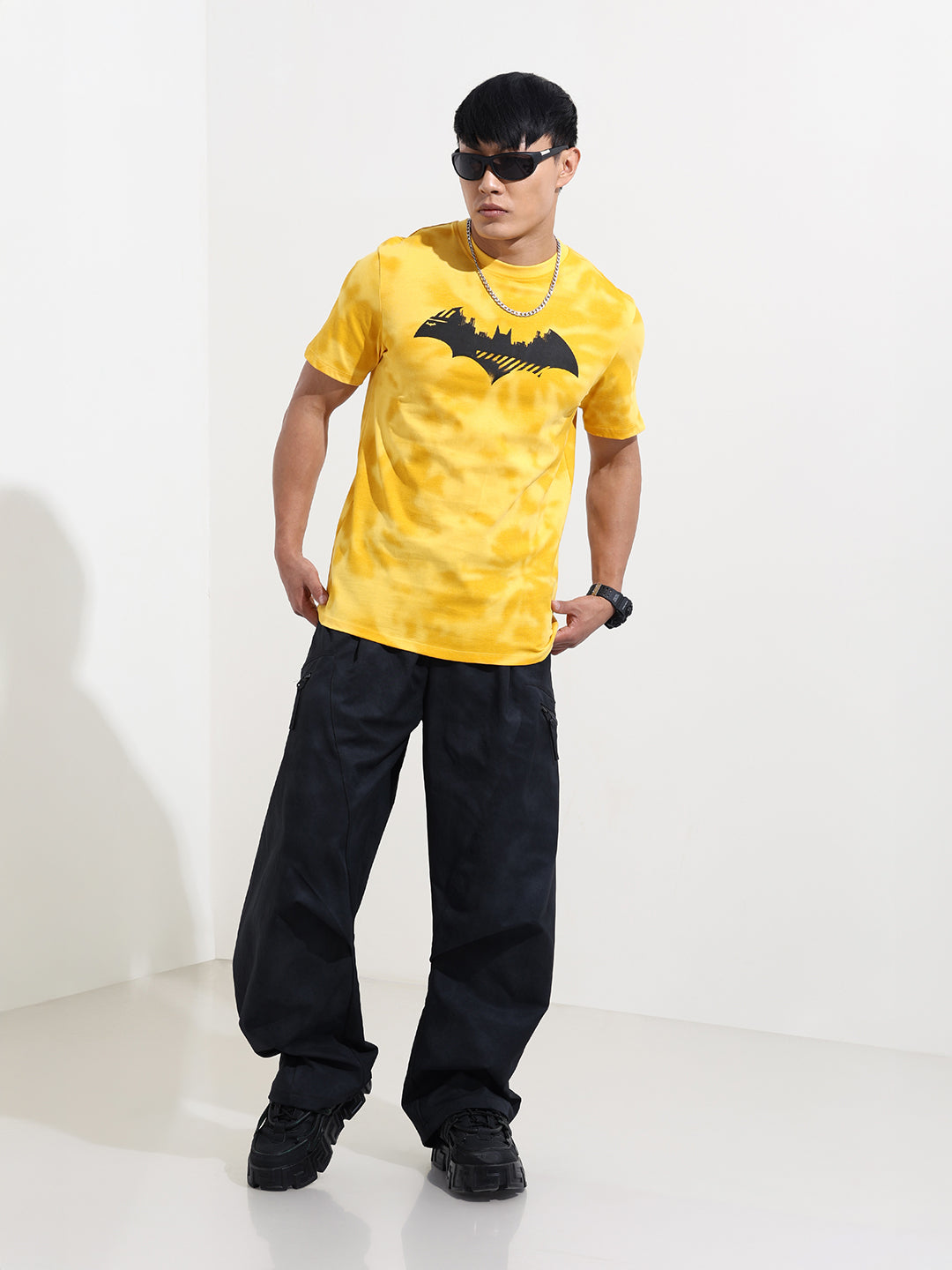Men's Yellow Slim Fit Character Batman Printed Crew Neck T-Shirt