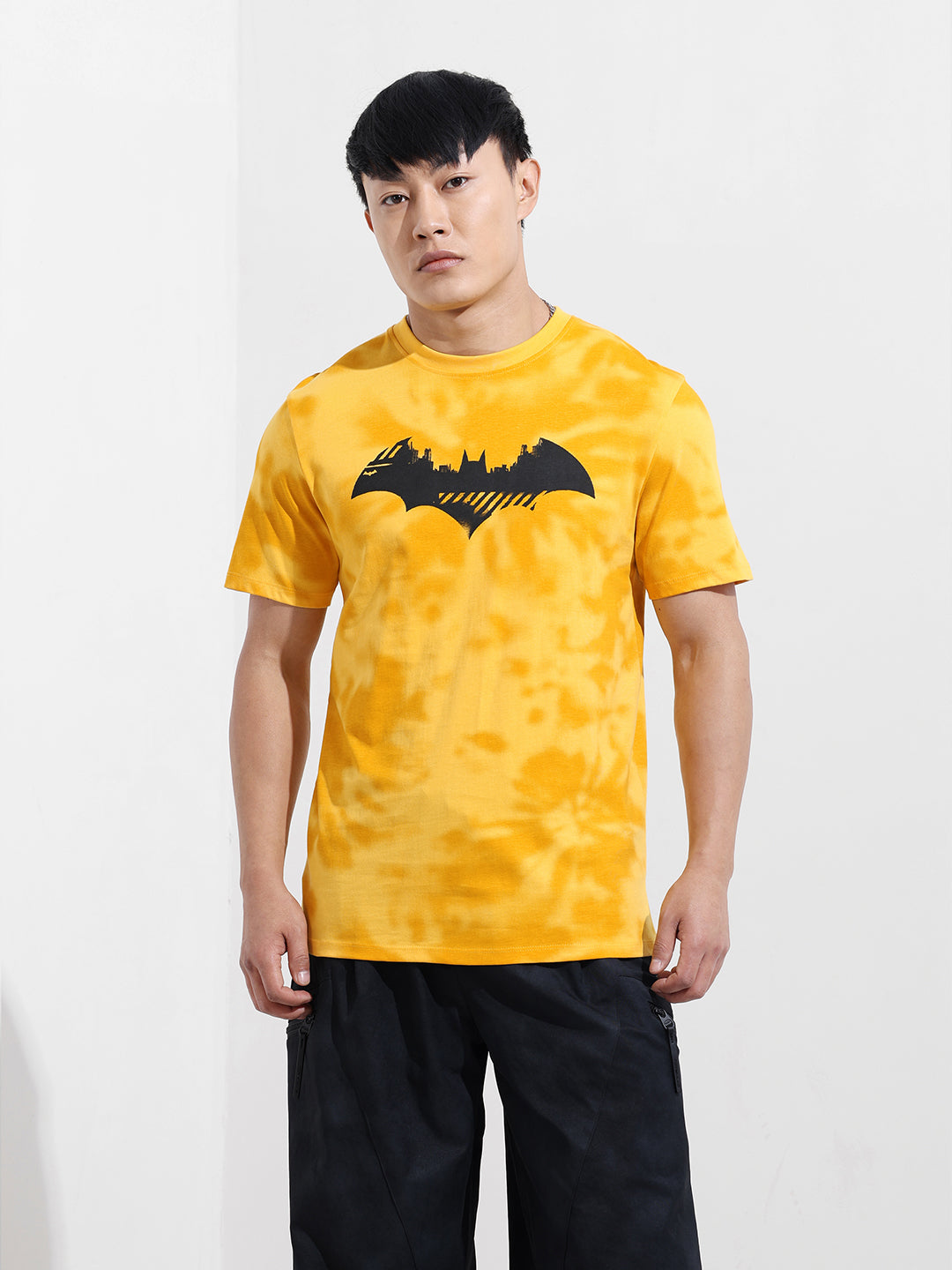 Men's Yellow Slim Fit Character Batman Printed Crew Neck T-Shirt