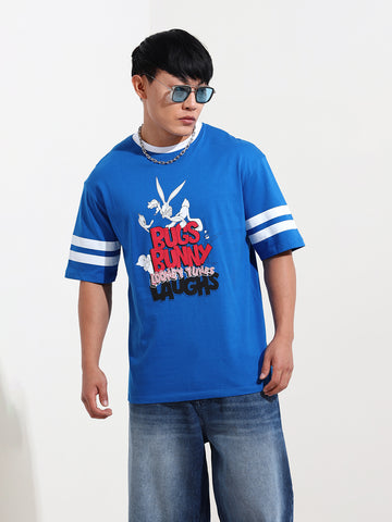 Men's Blue Boxy Fit Character Bugs Bunny Printed Crew Neck T-Shirt
