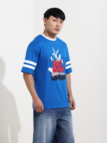 Men's Blue Boxy Fit Character Bugs Bunny Printed Crew Neck T-Shirt