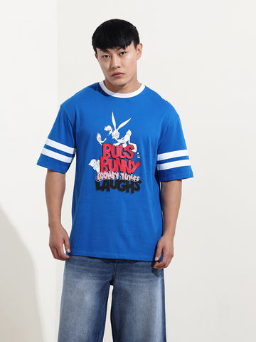Men's Blue Boxy Fit Character Bugs Bunny Printed Crew Neck T-Shirt