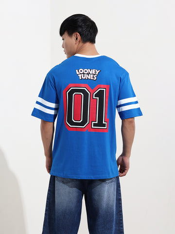 Men's Blue Boxy Fit Character Bugs Bunny Printed Crew Neck T-Shirt