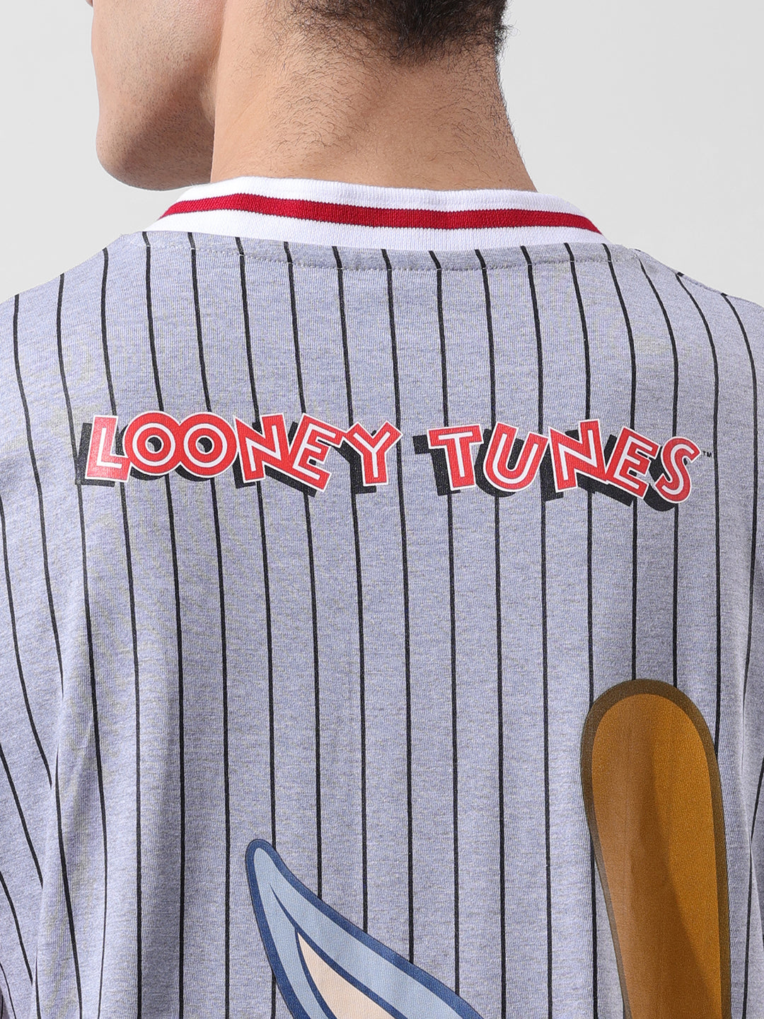 Men's Grey Boxy Fit Cartoon Character Printed V-Neck T-Shirt