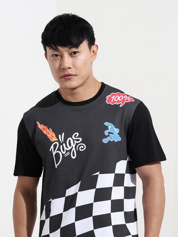 Men's Black Slim Fit Character Bugs Bunny Printed Crew Neck T-Shirt
