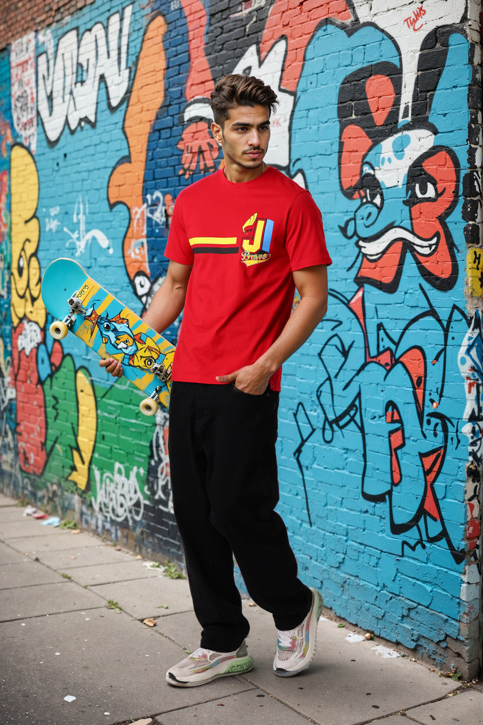 Men's Red Slim Fit Character Johnny Bravo Printed T-Shirt