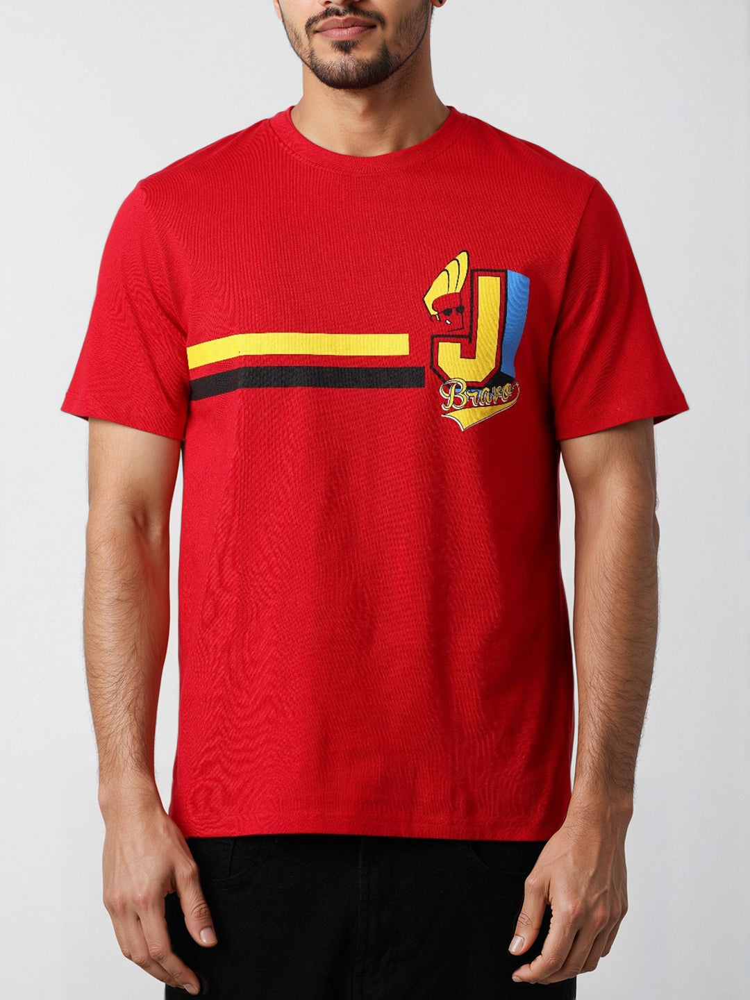 Men's Red Slim Fit Character Johnny Bravo Printed T-Shirt