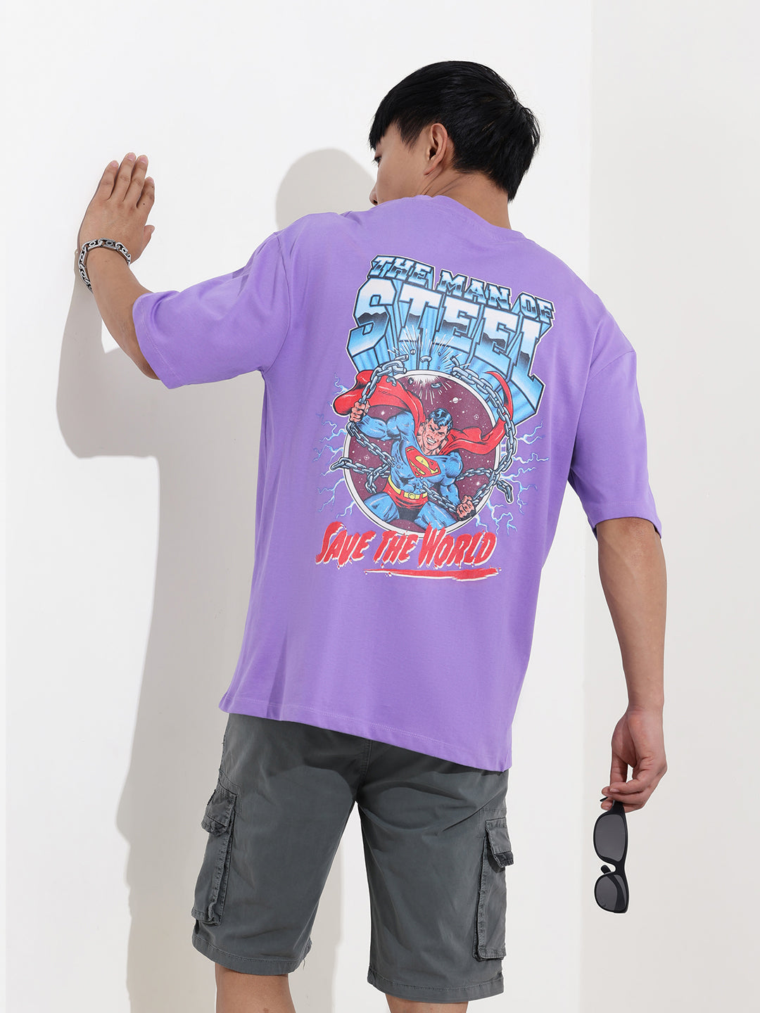 Men's Purple Boxy Fit Character Superman Printed Crew Neck T-Shirt