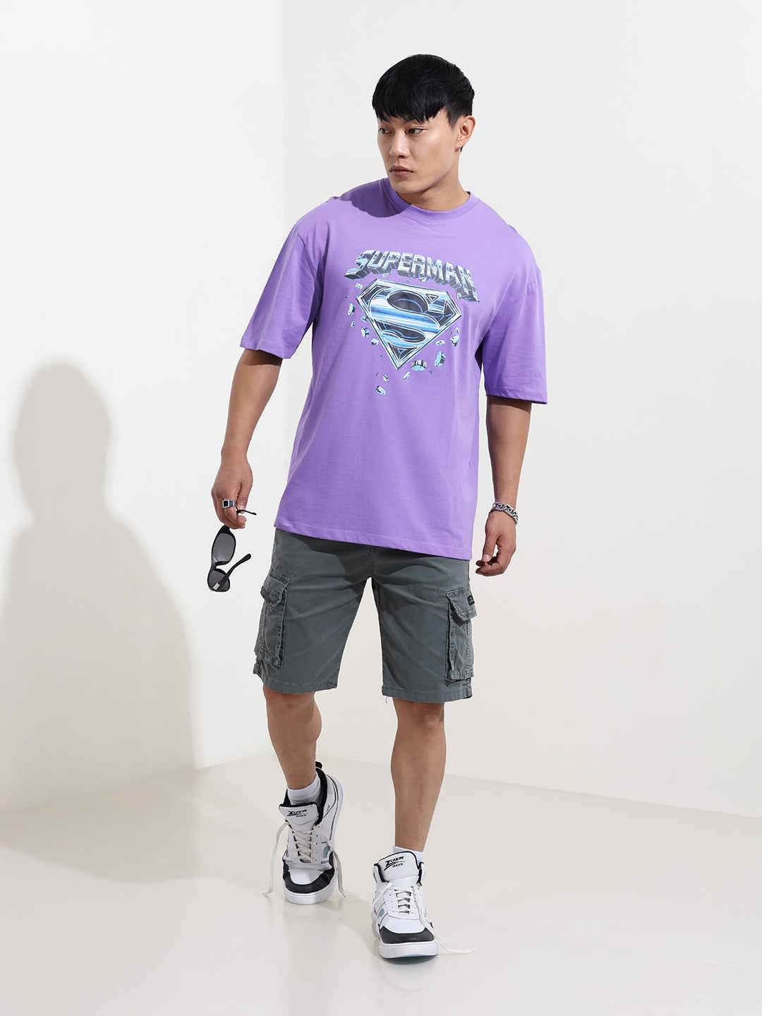 Men's Purple Boxy Fit Character Superman Printed Crew Neck T-Shirt