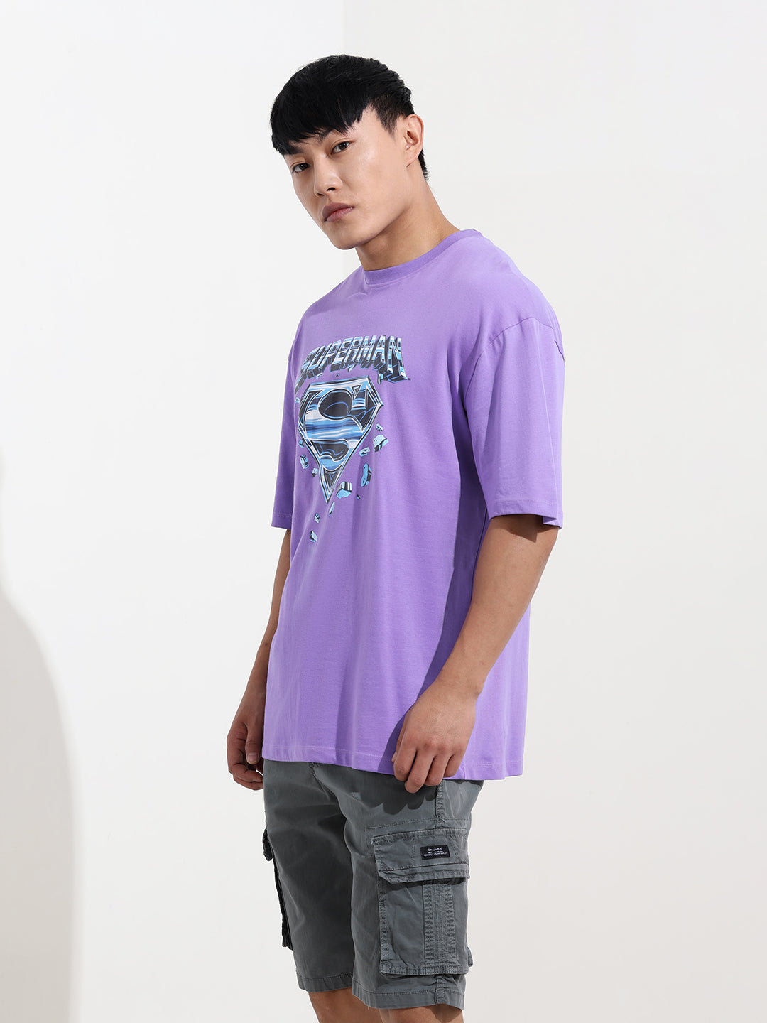 Men's Purple Boxy Fit Character Superman Printed Crew Neck T-Shirt