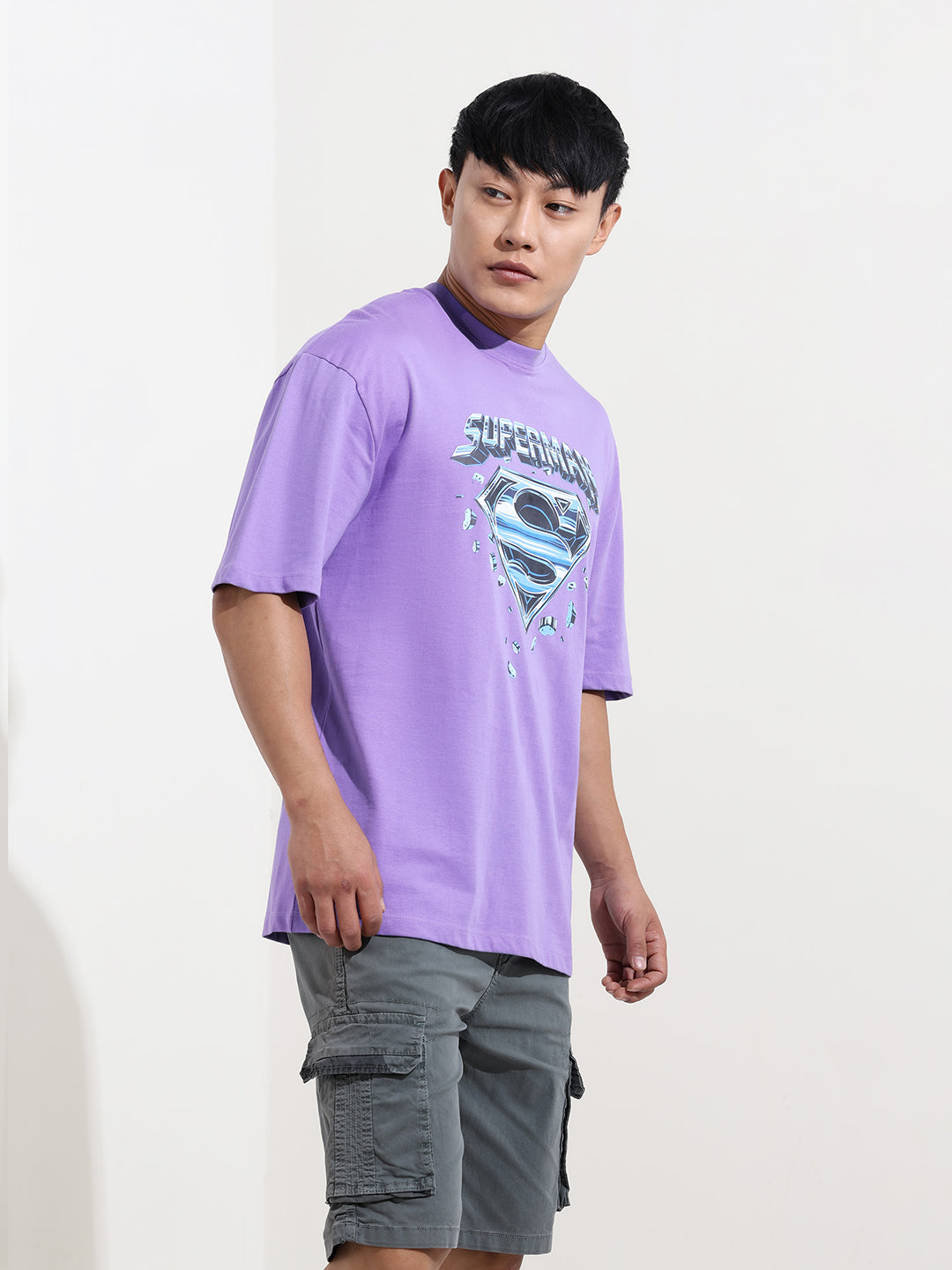 Men's Purple Boxy Fit Character Superman Printed Crew Neck T-Shirt