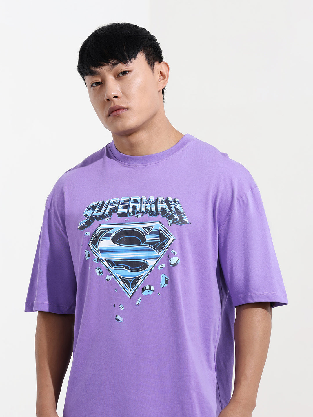 Men's Purple Boxy Fit Character Superman Printed Crew Neck T-Shirt