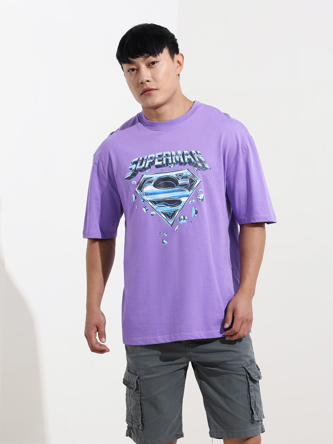 Men's Purple Boxy Fit Character Superman Printed Crew Neck T-Shirt