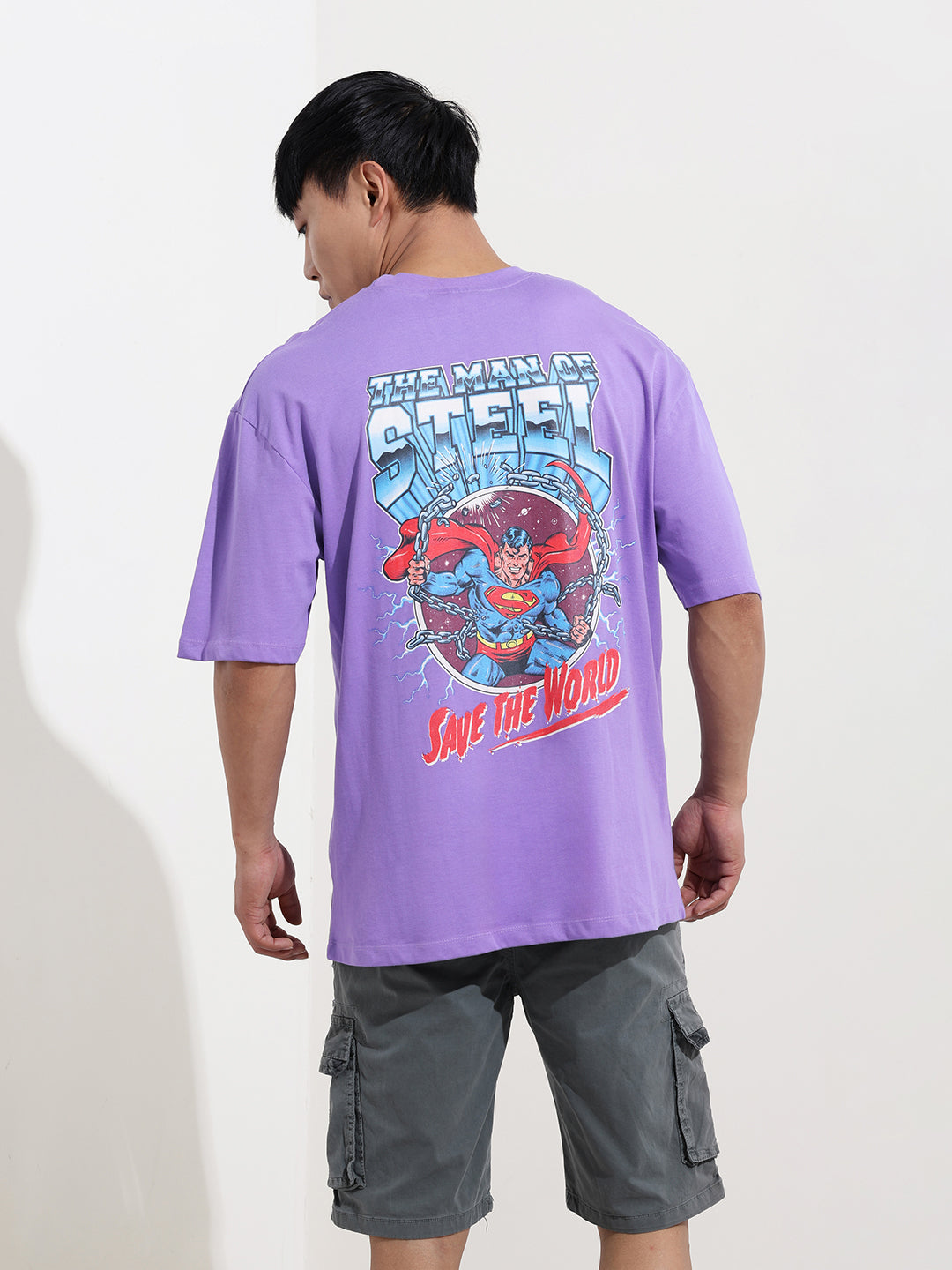 Men's Purple Boxy Fit Character Superman Printed Crew Neck T-Shirt