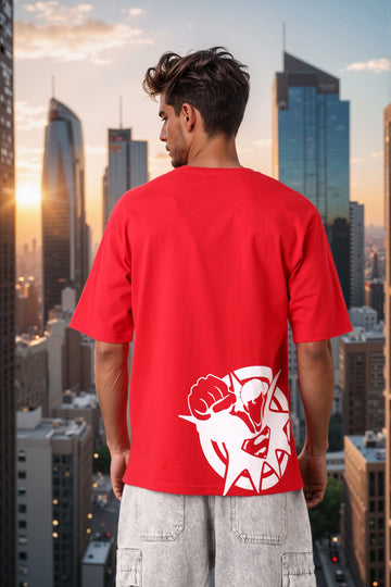 Men's Red Boxy Fit Character Superman Printed Crew Neck T-Shirt