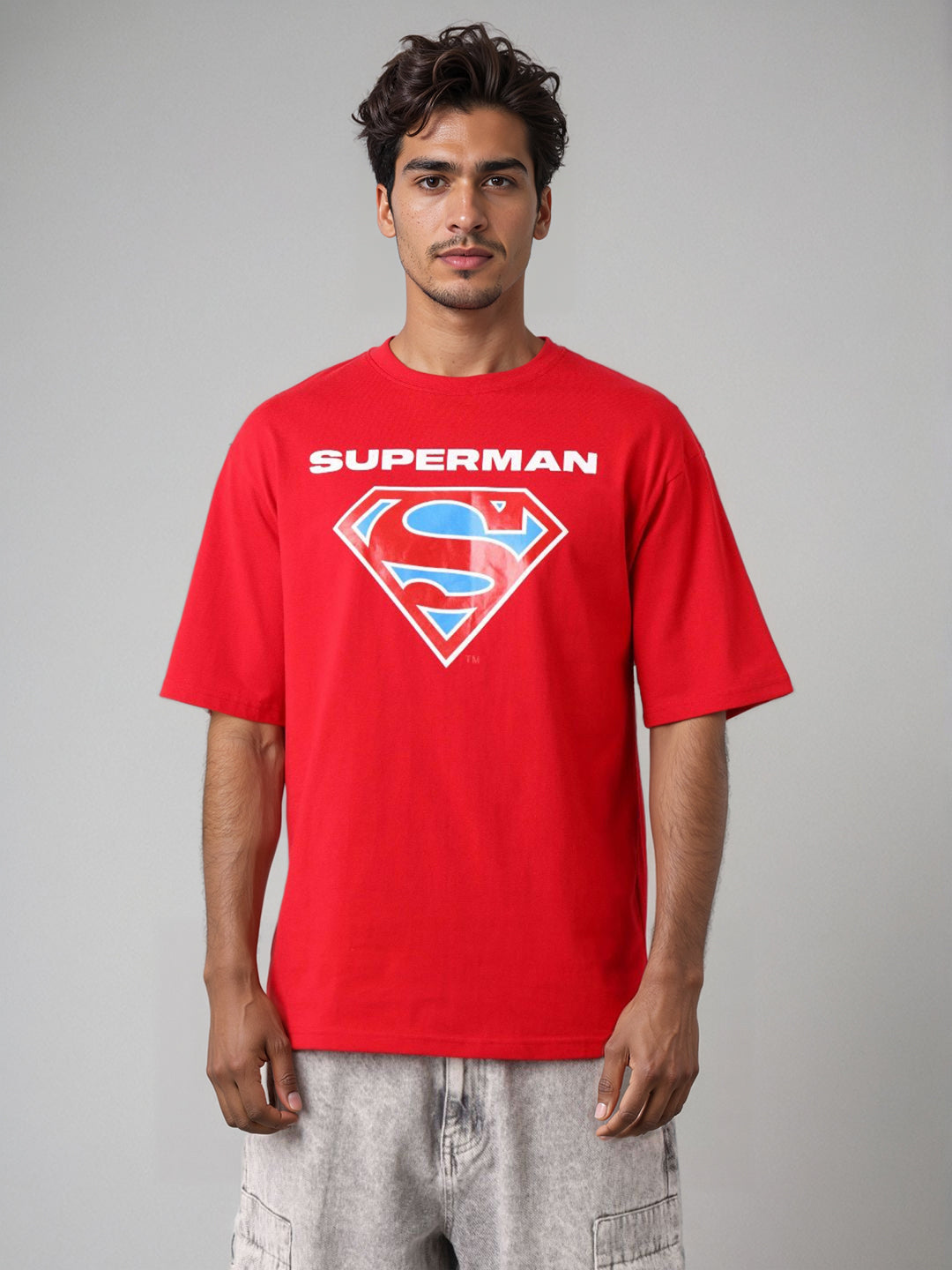 Men's Red Boxy Fit Character Superman Printed Crew Neck T-Shirt