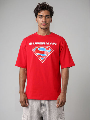Men's Red Boxy Fit Character Superman Printed Crew Neck T-Shirt