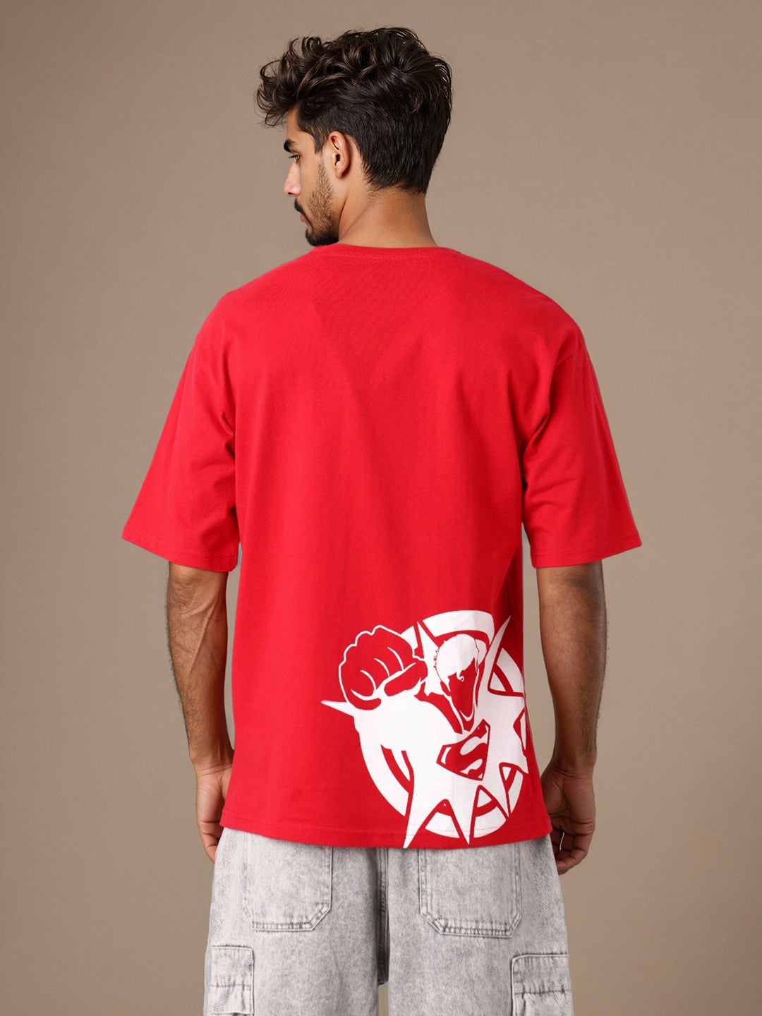 Men's Red Boxy Fit Character Superman Printed Crew Neck T-Shirt