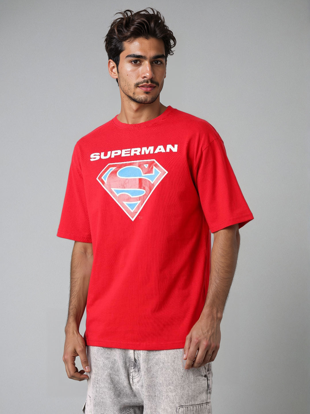 Men's Red Boxy Fit Character Superman Printed Crew Neck T-Shirt