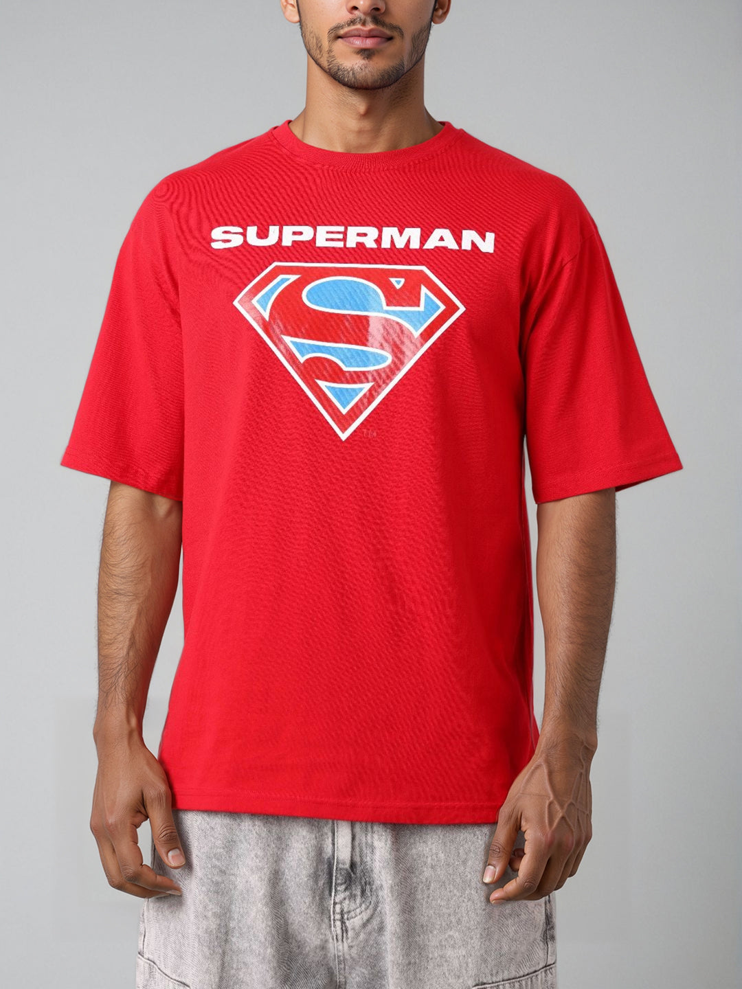 Men's Red Boxy Fit Character Superman Printed Crew Neck T-Shirt
