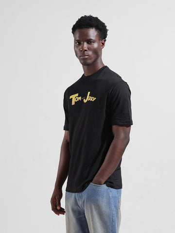 Men's Black Boxy Fit Character Tom & Jerry Printed Crew Neck T-Shirt