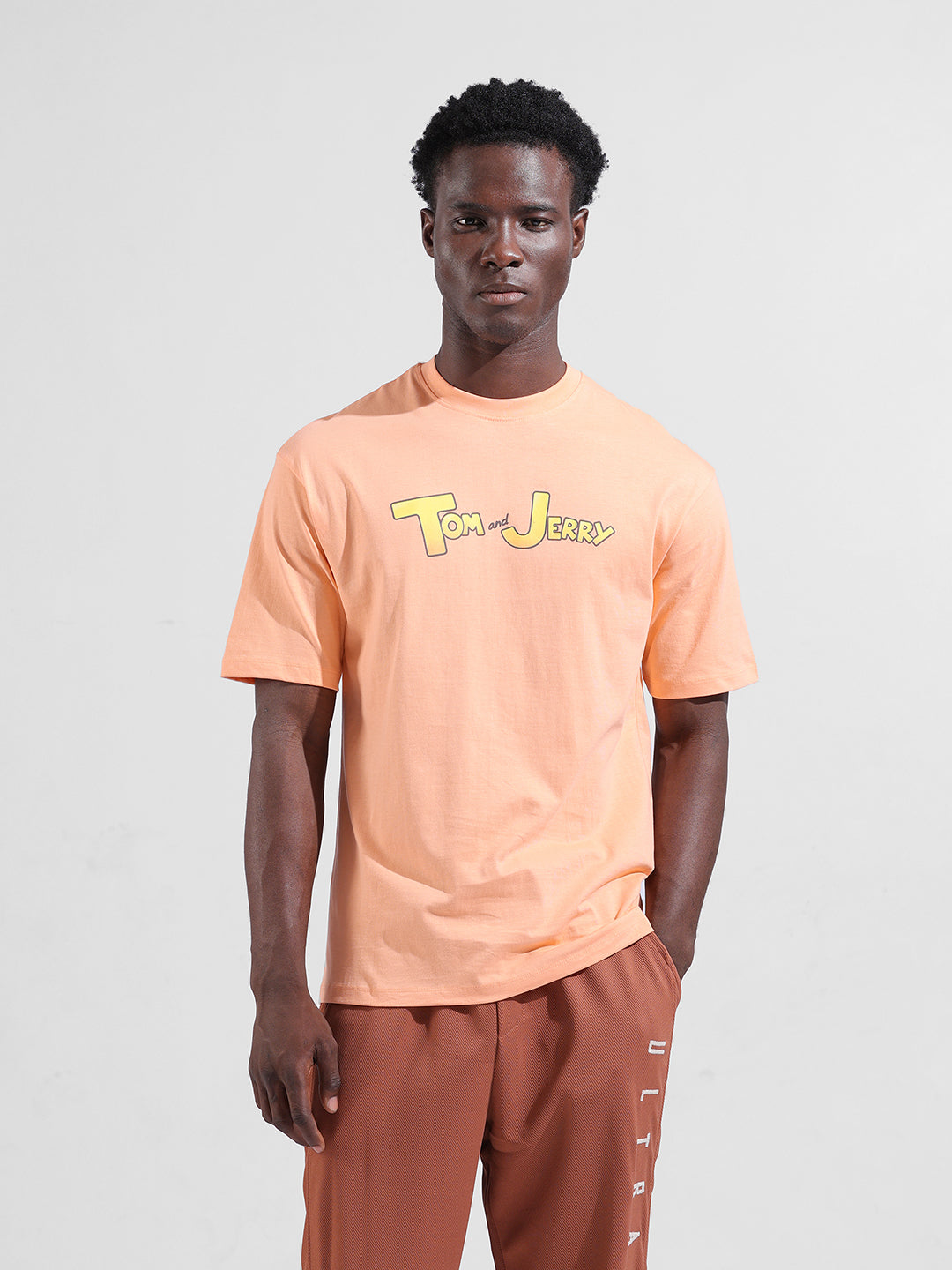 Men's Orange Boxy Fit Character Tom & Jerry Printed Crew Neck T-Shirt