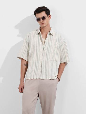 Men's Green Boxy Fit Resort Wear Textured Shirt