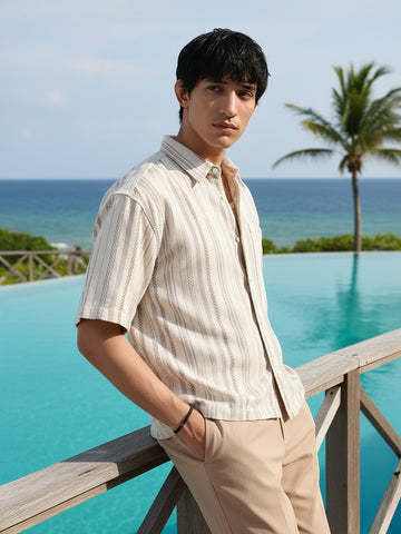 Men's Beige Boxy Fit Resort Wear Shirt